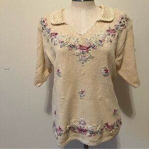 VTG Womens Ivory Sz. S Sweater Embroidered Flowers Lace Pearls Cottagecore Fairy